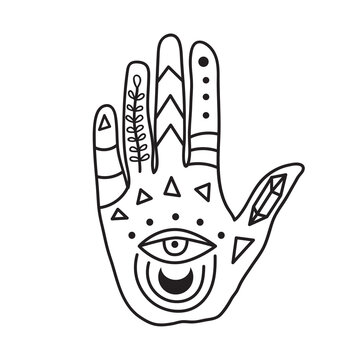 Vintage Hands with Old Fashion Tattoos. Sketch graphic illustration with mystic and occult hand drawn symbols.