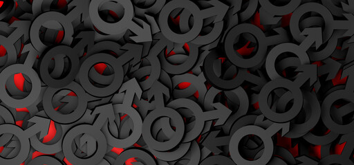 Abstract background with the male symbol in black on a red background. 3D illustration.