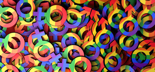 Abstract background with the feminine and masculine symbols with the colors of the pride flag. 3D illustration.