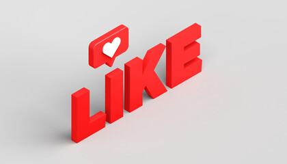 3D illustration with text like and social media notification icon with heart. Background.