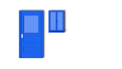 Blue door and window on neutral white background. 3D illustration. Minimal and interior concept. Modern.