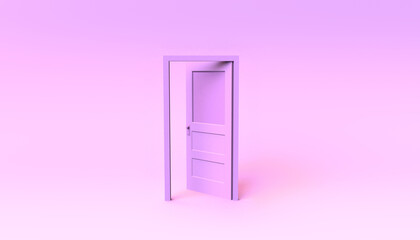 Pastel pink door open on infinity background. 3D illustration. Minimal. Modern.