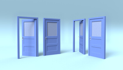 Set of open and closed blue doors. The ideas room. 3D illustration. Minimal.