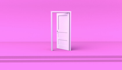 White door open on a pink background on some steps. 3D illustration. Minimal. Modern.