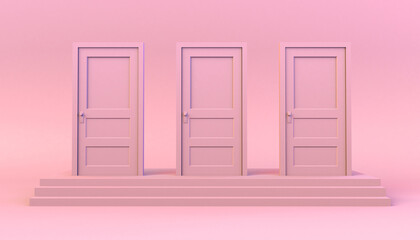 Set of closed doors on steps. 3D illustration. Minimal. Modern.