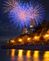 City day celebration in Khabarovsk. Festive fireworks over the Amur Cliff. Far East, Russia.