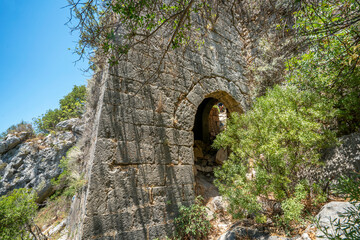 Fototapeta na wymiar Tunnels and stairs of Alara Castle, which had the function to safeguard the caravans from holdup robberies that were stopping over at the last caravanserai Alarahan on the Silk Road, Antalya