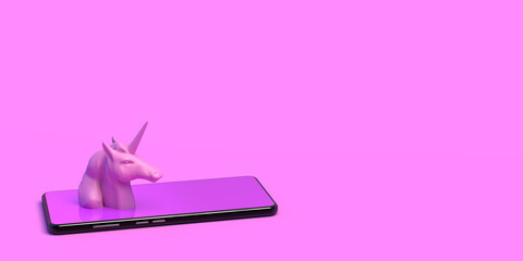 Pink unicorn head on a smartphone. Banner. Abstract. 3D illustration. Copy space. © Rodrigo