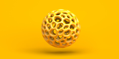 Background with perforated sphere. Abstract yellow composition. 3d illustration. Banner.