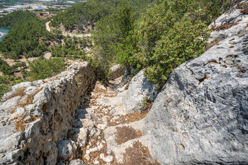 Tunnels and stairs of Alara Castle, which had the function to safeguard the caravans from holdup robberies that were stopping over at the last caravanserai Alarahan on the Silk Road, Antalya