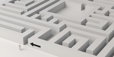 Maze with person at the entrance and arrow pointing the way. 3D illustration. Banner.