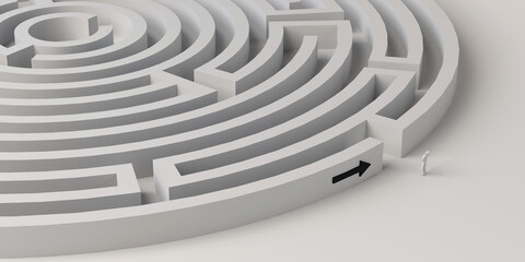 Maze with person at the entrance and arrow pointing the way. 3D illustration. Banner.