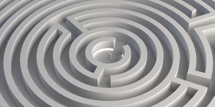 Maze with person in the center. Winner. 3D illustration. Banner.