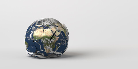 Planet earth crashed to the ground and broken. Earth texture provided by Nasa. 3d illustration. Fragile planet.