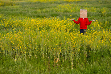 Bag head standing in a field