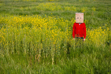 Bag head standing in a field