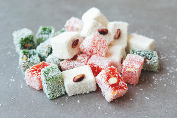 Assortment of Turkish delights. Marble background. 