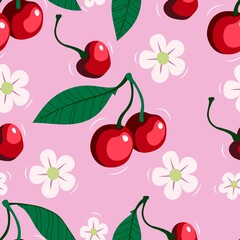 Summer vector seamless pattern with juicy cherries. Cherry with green leaves and white cherry flowers. Sweet cherry blossoms with leaves on a pink background. The juicy design is suitable for wallpape