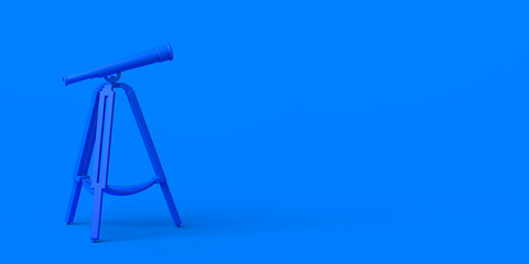 Telescope on blue background. 3d illustration. Banner.