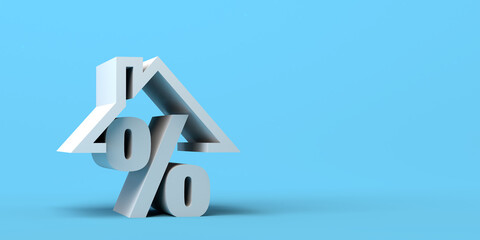 Percentage symbol with house roof. Real estate. Banner. Background. 3d illustration. Copy space. - obrazy, fototapety, plakaty