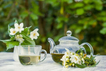 Philadelphus or garden jasmine flowers, healthy herbal tea cup of hot tea. Romantic dinner with therapeutic fragrant tea.