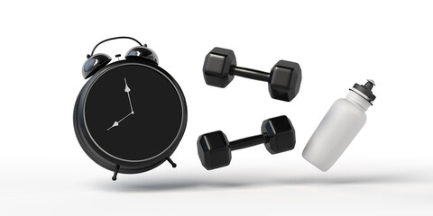 Workout. Background with dumbells, bottle of water and alarm clock. Training. 3d illustration.