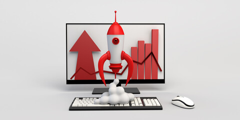 Rocket launch on desktop computer with bar chart and arrow on the screen. Development and promotion...