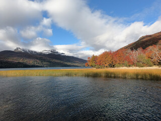 View of Lake Falkner, reeds, mountains and forest in autumn, in San Martín de los Andes, Patagonia...