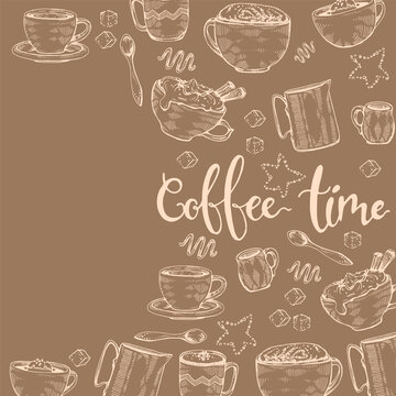 Hand-drawn sketch different coffee cooking and drinks. © Marina