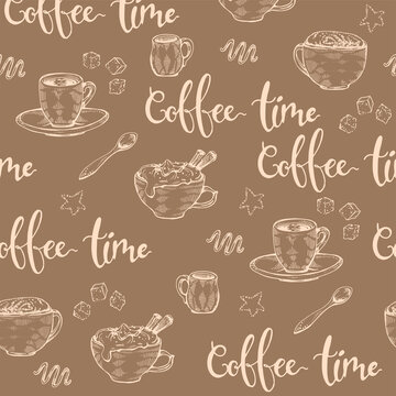 Detailed hand-drawn sketch different coffee cups and desserts on the brown background.