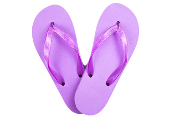 purple rubber beach flip flops on a white background, isolate, view from above