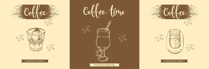 Hand drawn sketches of coffee drinks and desserts.