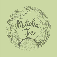 Matcha tea and leaves round hand-drawn emblem.