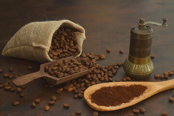 Coffee beans and ground coffee in wooden spoons on brown background. With old burlap bag and coffee...