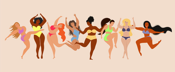 Happy body positive women. Body positive concept with different sizes and races women. Female freedom, girl power or international women's day. Feminism, self-acceptance and liberty.