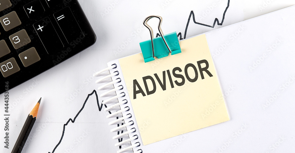 Poster Stickers with pencils and notebook with text ADVISOR on chart background