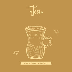Hand-drawn lettering tea jug on the brown background.