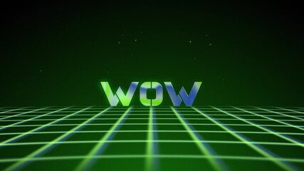 Synthwave wireframe net 80s with text WOW on green backgraund. Retro futurism background. 3d illustration render seamless loop. 4k - Powered by Adobe