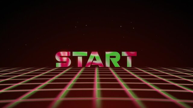 Synthwave wireframe net 80s with text START on red backgraund. Retro futurism background. 3d illustration render seamless loop. 4k - Powered by Adobe