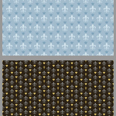 Fototapeta premium Vintage background patterns with decorative elements. Set. Used colors: blue, white, black, gold, wallpaper. Seamless pattern, texture. Vector illustration for design
