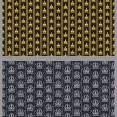 Decorative background patterns with royal crowns in vintage style. Colors used: black, gold, gray, wallpaper. Set. Seamless pattern, texture. Vector image