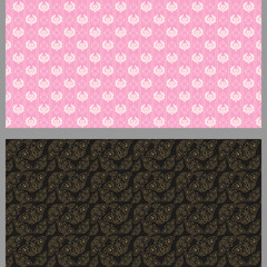 Abstract background patterns with decorative elements in vintage style. Colors used: pink, white, black, gold, wallpaper. Set. Seamless pattern, texture. Vector image