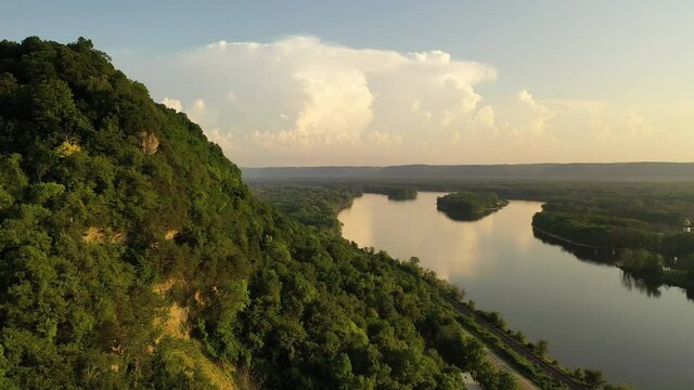 Aerial scenic view of Mississippi river, bluffs at sunset. Minnesota Wisconsin border 