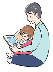 絵本の読み聞かせをしているお父さんと女の子のイラスト