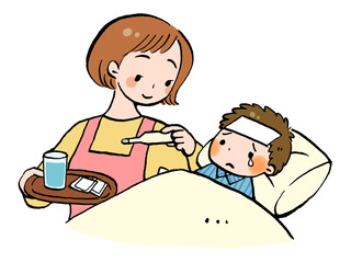 熱を出した子どもを看病するお母さんのイラスト