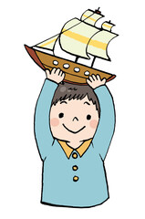 帆船のおもちゃを嬉しそうに持った男の子のイラスト © fuku