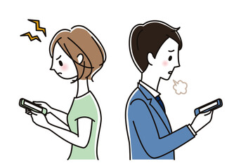 スマホを見てため息をつく男性とイライラする女性