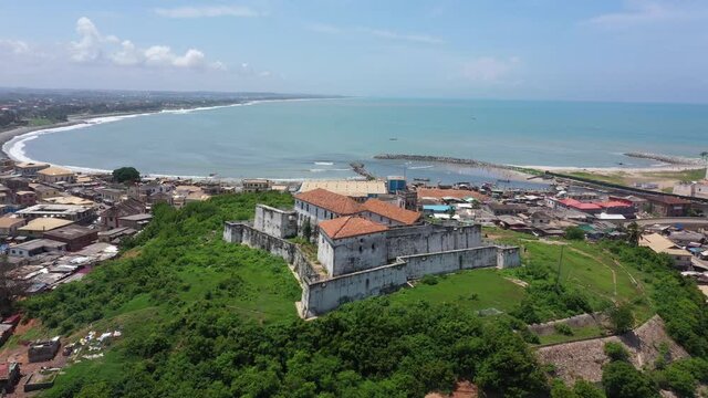Aerial Fort Coenraadsburg Elmina Castle Ghana Africa part 2. Ghana West Africa on the Atlantic ocean. Portuguese in 1482. For 500 years it was owned by Dutch and British as the major slave castle.