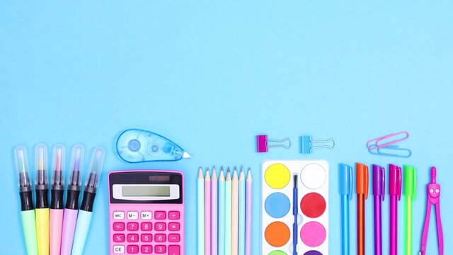 Pastel back to school accessories ordering on the bottom of pastel blue theme. Stop motion