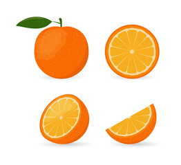Juicy orange whole, slice, half. Vector illustration isolated on white background.